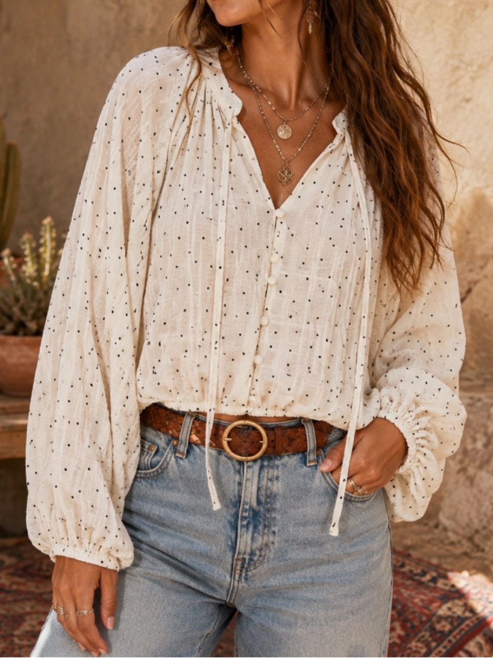 By The River Women’s Cream Polka Dot Button-Front Peasant Blouse Size L Boho